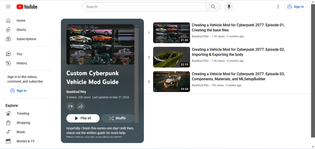 Screenshot of Youtube tutorial playlist