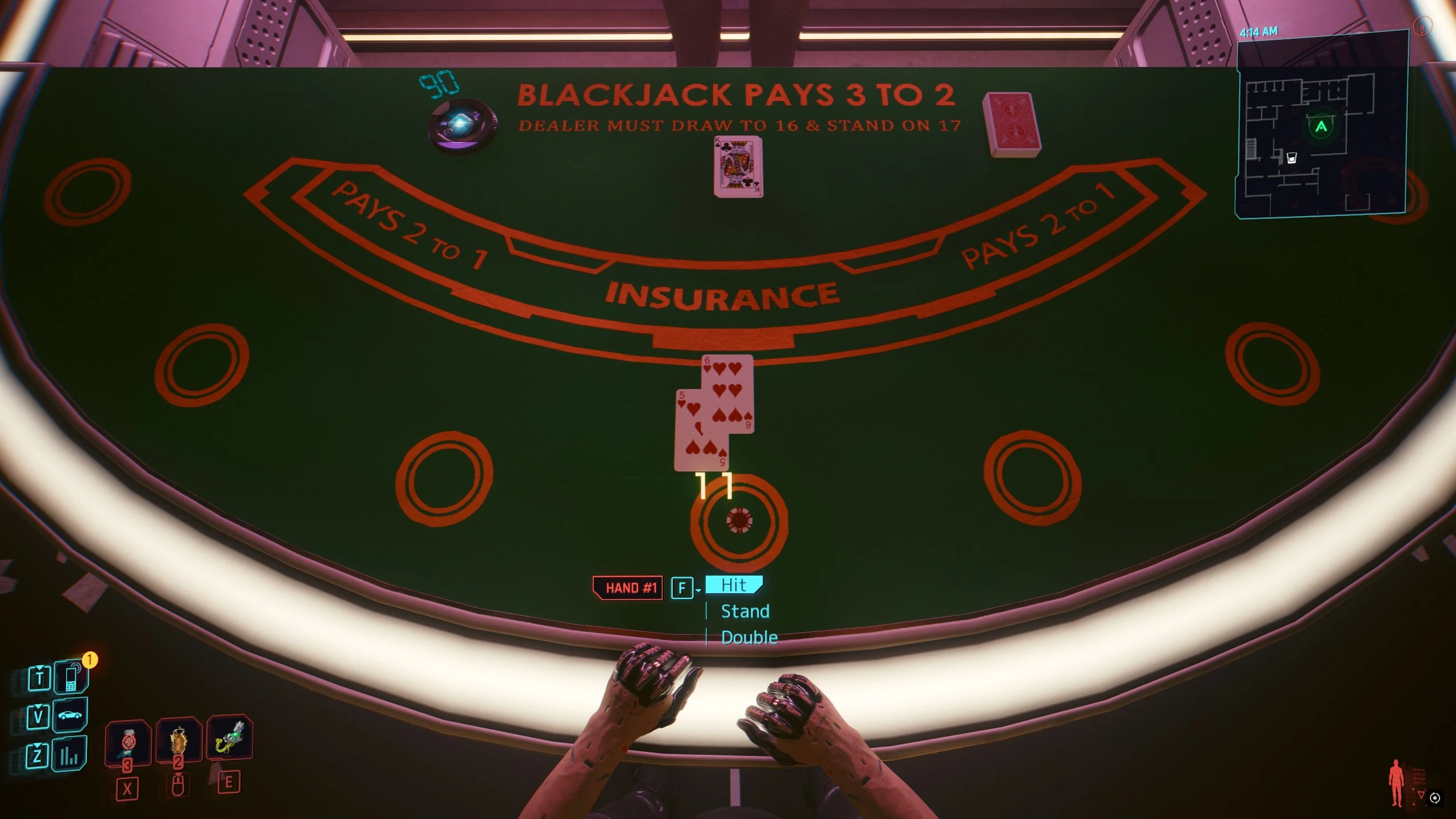 Gameplay screenshot showing Hit, Stand, or Double game choice options